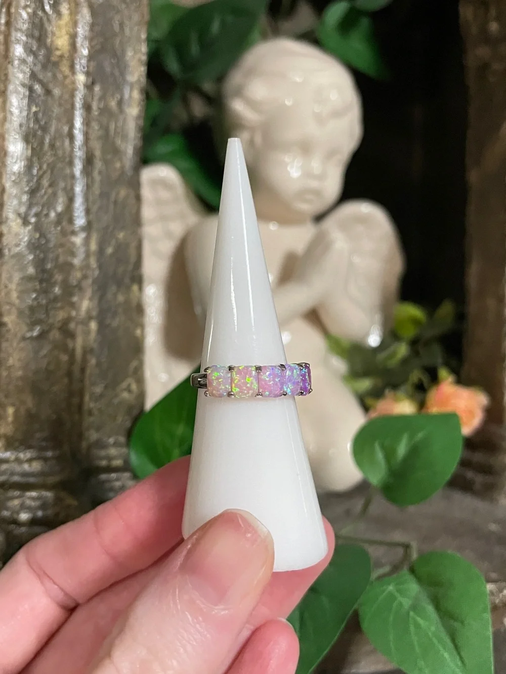 Iridescent Pink & Green Opal-Effect Eternity Ring - Women Jewelry